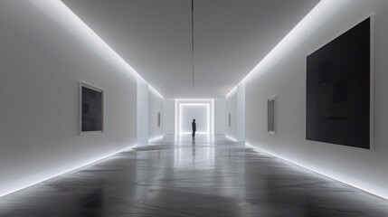 A person standing in a long hallway with white walls, AI