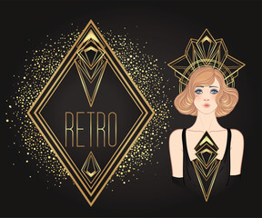 Art Deco vintage invitation template design with illustration of flapper girl over patterns and frames. Retro party background set in1920s style. Vector for glamour event, thematic wedding or jazz - 779930131