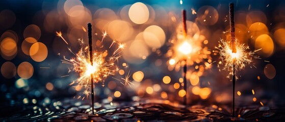 New Year's Eve party event celebration holiday sparkling sparklers and bokeh lights background - obrazy, fototapety, plakaty