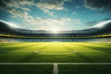 generated illustration of lawn in the soccer stadium. Football stadium with lights.