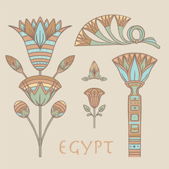 Egyptian floral colorful design element set isolated on white. Lotus flower, vector sign, symbol, logo illustration. Spirituality, occultism, chemistry, flower tattoo. - 779930586