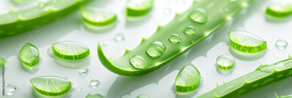 Poster Close-up view of sliced aloe vera leaf with juice