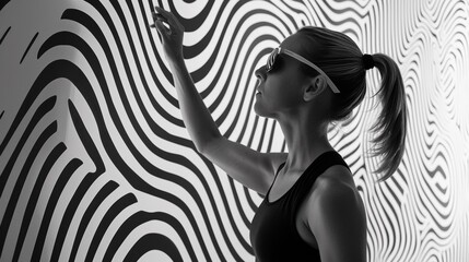 A woman in sunglasses standing next to a wall with wavy lines, AI