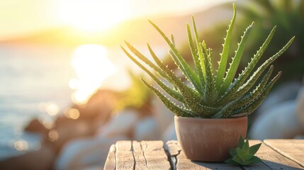 Aloe vera plant growing in pot outdoors at sea beach.