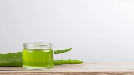 Aloe vera leaf slice cosmetic oil on table.