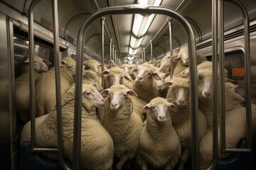 Claustrophobic Sheep crammed subway. Fluffy wool animal passengers in metro transportation. Generate ai - obrazy, fototapety, plakaty