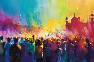 Joyful Crowd Celebrating Holi Festival of Colors in India, Throwing Vibrant Powder, Cultural Illustration