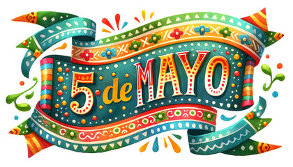 Cinco de Mayo hoilday lettering on festive ribbon, isolated on transparent white background. 5 de Mayo or the fifth of May. Celebration Mexican victory in 1862 May, 5th  and history heiretage