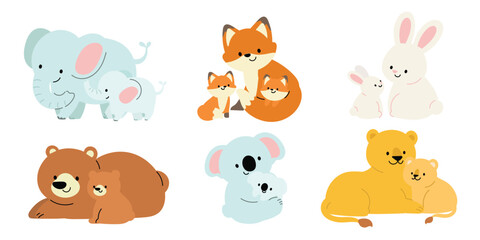 Cute Wildlife Animal and their babies character vector set. Lovely Collection of fox, koala, bears, elephant, lion, rabbit in mother and baby concept. Illustration for Happy Mother's day, clipart.