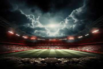 generated illustration of lawn in the soccer stadium. Football stadium with lights. - obrazy, fototapety, plakaty