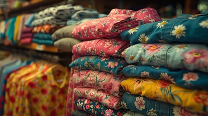 A pile of shirts and pants are stacked on a rack, AI