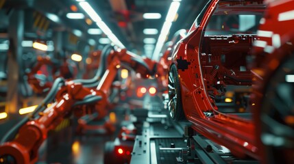 Fototapeta premium Close-Up View of Red Car Frame Being Assembled by Robotic Arms on High-Tech Automotive Manufacturing Line in Autonomous Smart Factory