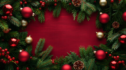 Festive Christmas Border with Red and Gold Ornaments on Vibrant Background
