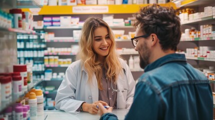 Fototapeta na wymiar Pharmacist is assisting customer in a drug store