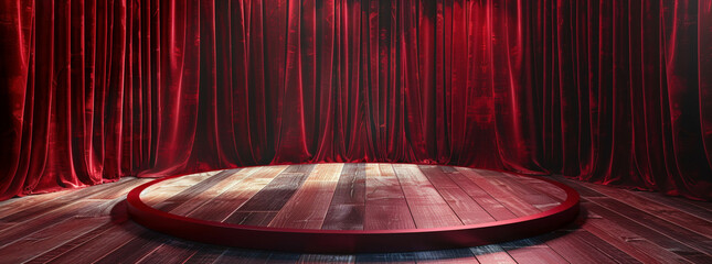 Elegant Red Velvet Curtains on Empty Stage Background - obrazy, fototapety, plakaty