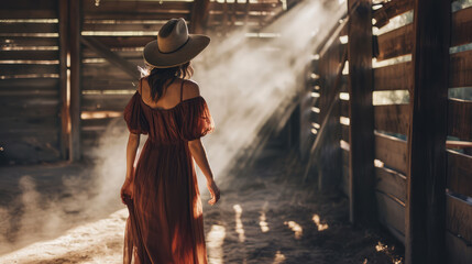 western boho cowgirl in a dusty barn with light rays 
