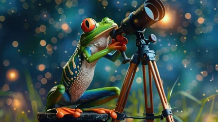 Foto op Canvas With a telescope in hand, the cartoon frog embarks on a stargazing expedition, marveling at the wonders of the cosmos. © Shahjahan