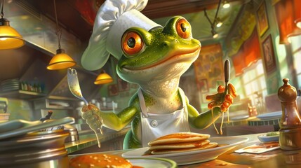 With a chef's hat perched jauntily on its head, the cartoon frog expertly flips pancakes in a bustling breakfast diner.