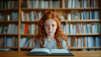 A girl with red hair is reading a book in the library. School Library. a child in a children's library