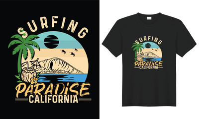 Summer T-shirt Design, Summer paradise,Surf Paradise,Break The Waves,Sea Beach,California Beach, Santa Monica Beach with palm trees silhouettes, typography, print, vector illustration.Global swatches.