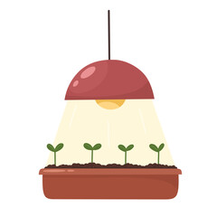 Growing seedlings under a lamp, spring planting, agronomy. Vector illustration in flat style.