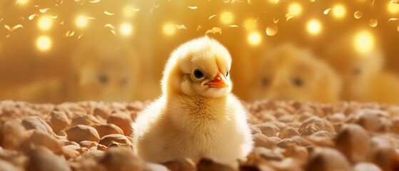 Cute poultry farm chick hatch eggs , sunshine and sparkle background