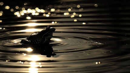 Under the shimmering moonlight, a frog croaks softly from the edge of a pond, its silhouette casting a mysterious shadow against the rippling water. - obrazy, fototapety, plakaty