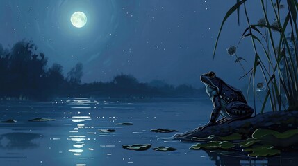 Under the shimmering moonlight, a frog croaks softly from the edge of a pond, its silhouette casting a mysterious shadow against the rippling water.