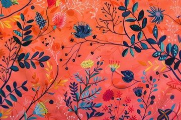 Vibrant botanical motifs dance across a backdrop of vibrant coral, capturing the essence of culinary creativity in bold hues.