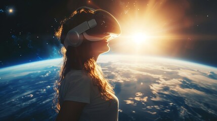 A female is in a virtual fantasy space universe world when wearing VR headset.