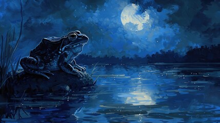 Under the shimmering moonlight, a frog croaks softly from the edge of a pond, its silhouette casting a mysterious shadow against the rippling water. - obrazy, fototapety, plakaty
