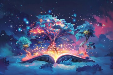 Magical book with fantastic stories, imaginative concept illustration