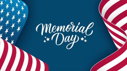 United States Memorial Day holiday banner. Hand lettering. Waving American Flag. Blue background. Vector illustration.	