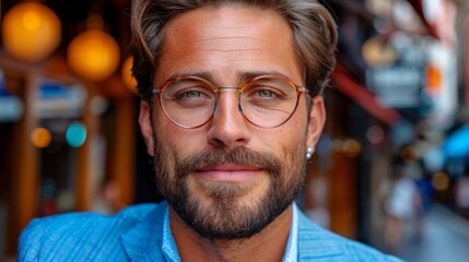 Fototapeta premium A man with glasses and a beard is looking at the camera, AI