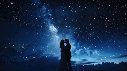 Under a canopy of stars, a bride and groom dance in each other's arms, lost in the magic of their...