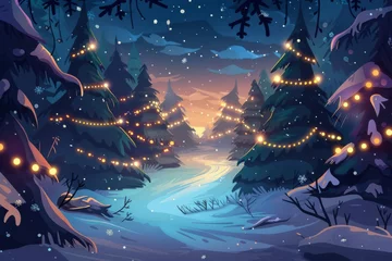 Crédence de cuisine en verre imprimé Forêt des fées Magical winter wonderland in enchanted forest with sparkling lights and Christmas trees, vector illustration