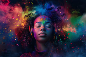 Serene Woman Enjoying Music With Colorful Abstract Effects
