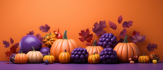 3D style pumpkins and autumn fruits