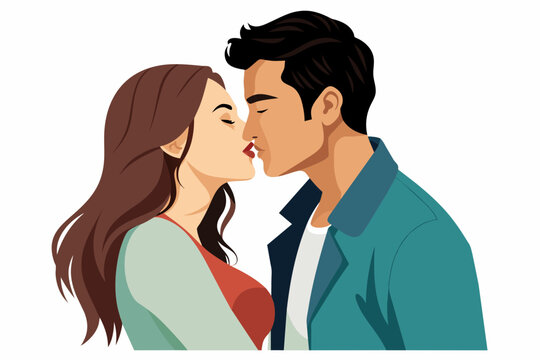 Kissing couple on white background.