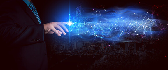 businessman hand touching Digital transformation conceptual for next generation technology era on black background. Metaverse concept and era of innovation, Internet and network concept.
