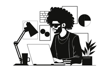 Creative freelancer with stylish afro working on laptop, black and white workspace illustration - 779933742