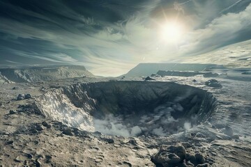 Massive impact crater on vast alien landscape, science fiction illustration - obrazy, fototapety, plakaty