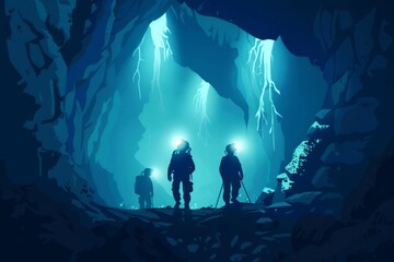 Miners with headlamps entering underground coal mine, silhouette banner illustration