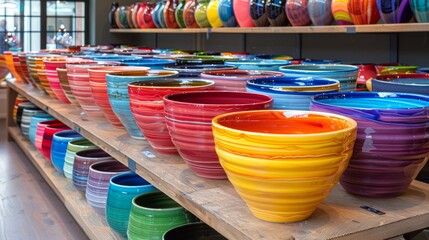 A large number of colorful vases on a wooden shelf, AI