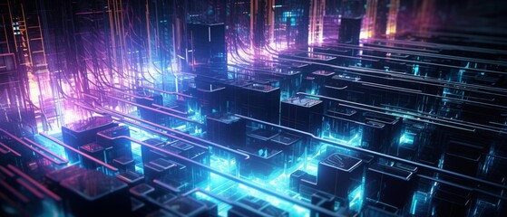 Fototapeta premium abstract intricate electrical circuits and fiber optics, top down view, glowing circuits