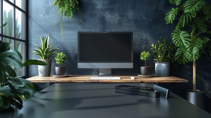Modern workspace with computer and indoor plants on wooden desk against a dark wall.