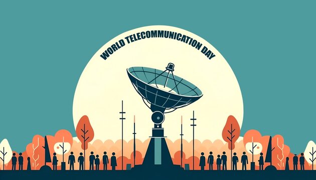 Illustration of features a satellite dish against a sky background for world telecommunication day