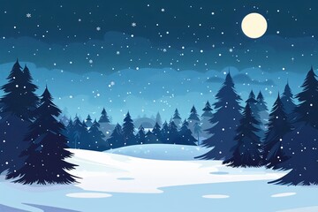 a snow covered ground with trees and a moon