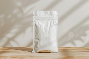 White packaging bag mockup, on a wooden table, top view with header seal