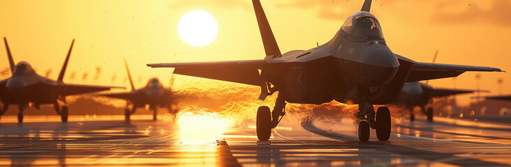 Majestic Fighter Jets Lined Up on Runway at Sunset - obrazy, fototapety, plakaty